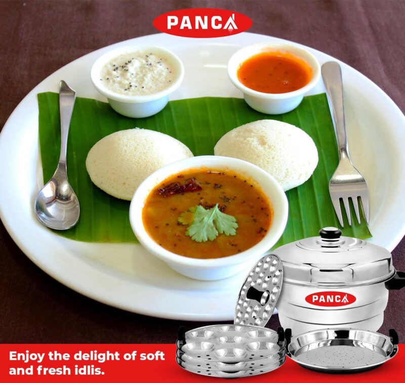 PANCA Idli Maker Stainless Steel Idli Cooker, Idli Steamer, Idly Pot, Dhokla Maker and Mini Idli Plate (Silver, 18 Idli, 18 Mini Idli, 5 Plate Idli Kadai) - Image 3