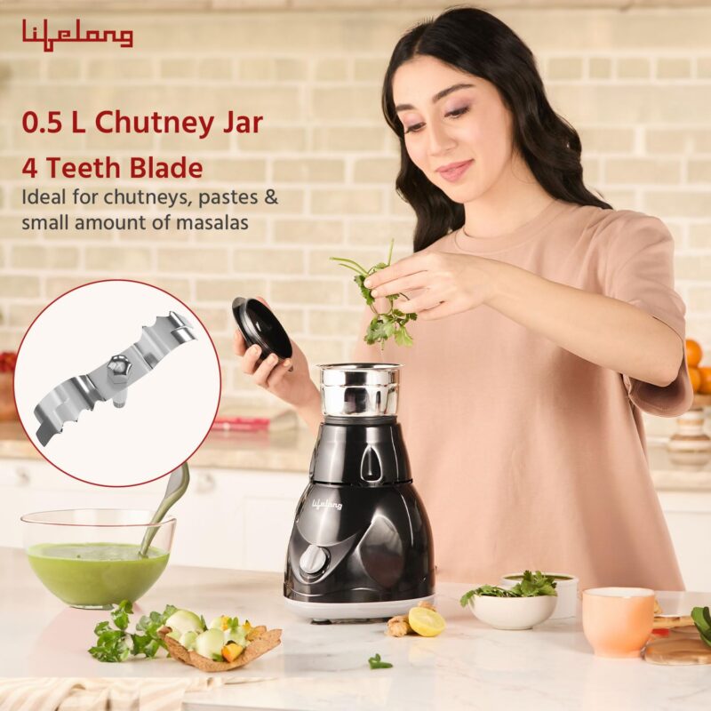 Lifelong Mixer Grinder for Kitchen - 3 Jars 500 Watt Mixie - Chutney Jar, Dry Grinder Jar & Liquidizing Jar used as Wet Grinder & Blender for Milkshake, Smoothie, Puree -Stainless Steel Blades(LLMG23) - Image 7