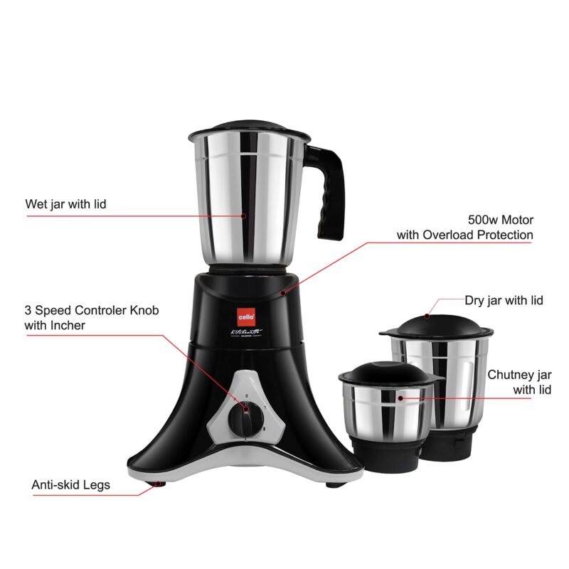 Cello Crown Grind-N-Mix Mixer Grinder 500Watt with 3 Stainless Steel Jars, Black - Image 4