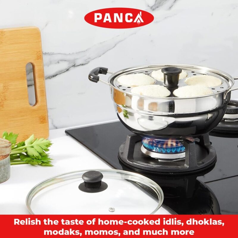 PANCA Stainless Steel Idli Maker 2 Plates With Glass Lid, Makes 10 Idli, Premium Idli Cooker,Multipurpose Kadai For Cooking And Serving,Premium Idli Pot With Glass Lid (10 IDLI) - Image 4