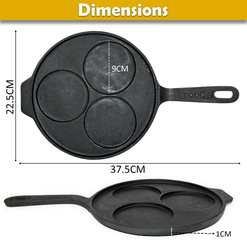 KNOBON Cast Iron Uttapam Tawa | 3 Pit, 26Cm Pancake Pan,Induction Friendly, Naturally Nonstick, 100% Pure & Toxin-Free Uttappam Tawa with Iron Handle| Black - Image 4