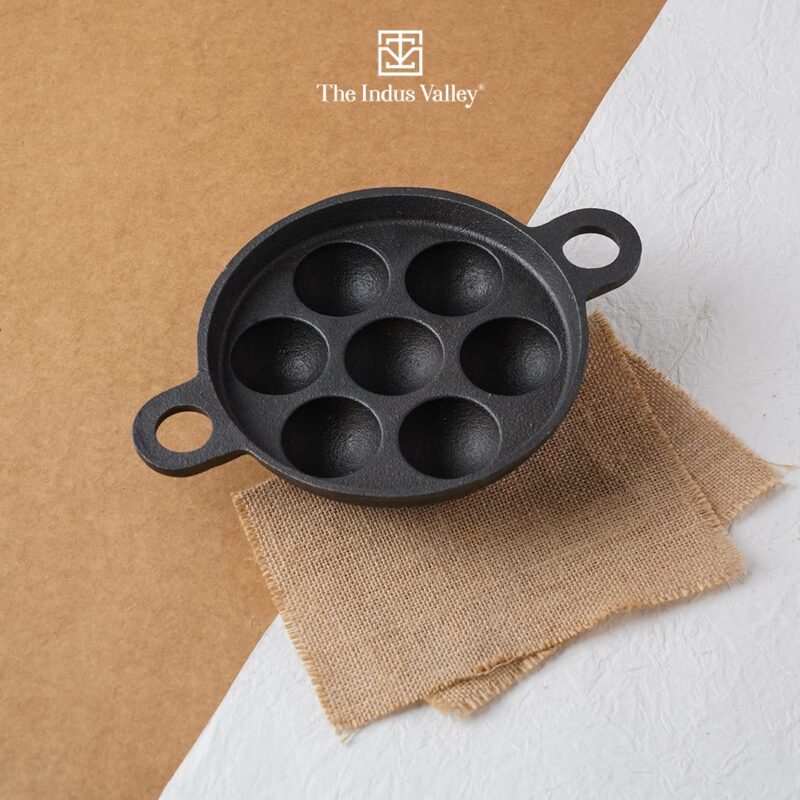 The Indus Valley Super Smooth Cast Iron Paniyaram Pan | 7Pit, 19Cm/7.4 Inch, 2.2Kg | Induction Friendly | Nonstick, Pre-Seasoned Appe/Paddu Pan, 100% Pure & Toxin-Free, No Chemical Coating - Black - Image 9