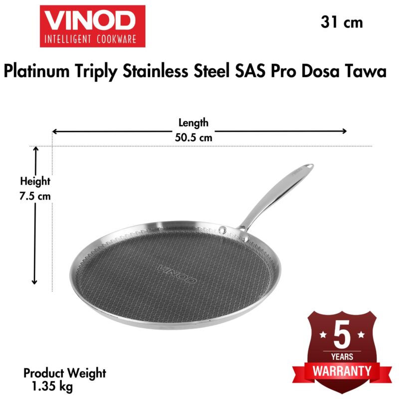 Vinod SAS Pro Platinum Triply Stainless Steel Dosa Tawa - 31 cm | 4.0 mm Thick | Hexa Design | Metal Spoon Friendly | Riveted Handle | Gas, Induction Base | 5-Year Warranty - Image 5