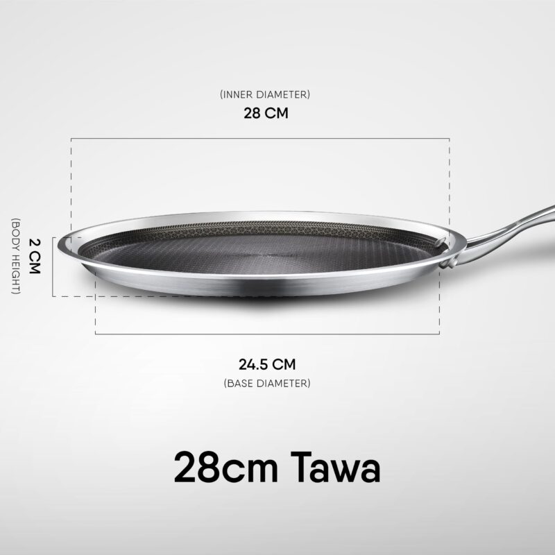 Stahl Artisan Hybrid Triply Dosa Tawa, Dosa Tawa with Induction Base, Non Stick Pan, Stainless Steel Scratch Resistant Dosa Tava, 28 cm - Image 2