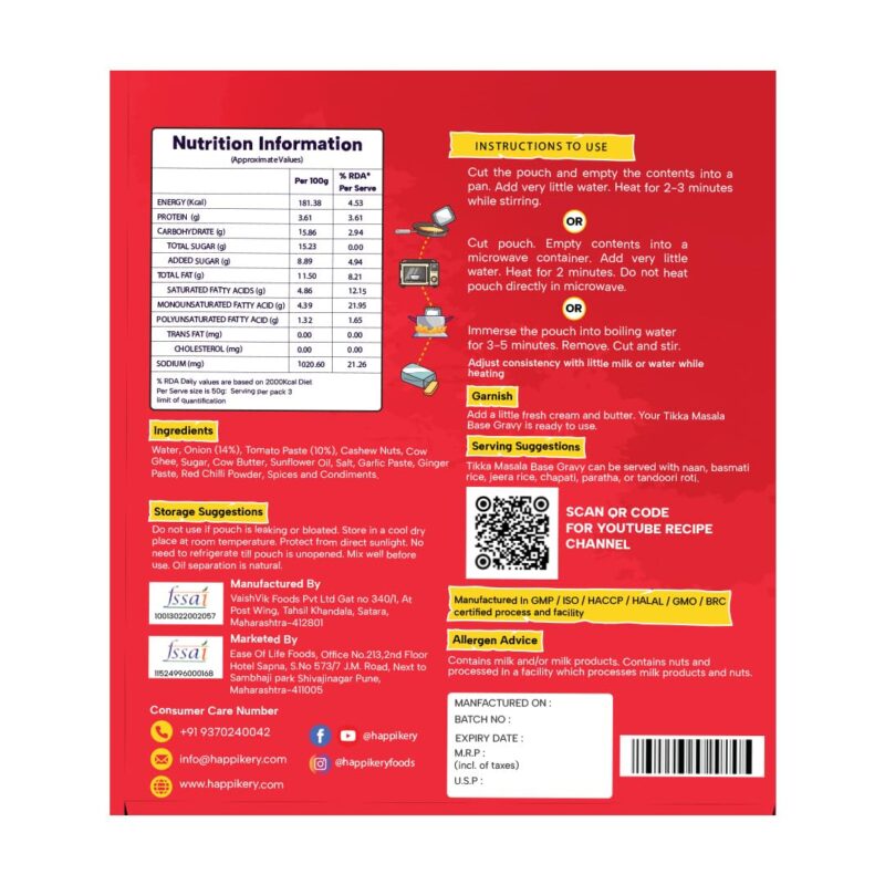 Happikery Tikka Masala Gravy 1 Kg (Veg Mix, Upto 5-7 Servings) l Restaurant Style, Master Chef Choice Gravy l Ready To Cook & Eat l Use as base for Dal Tadka, Aloo Mutter, Kadhai Paneer | Ready in 3 min - Image 6