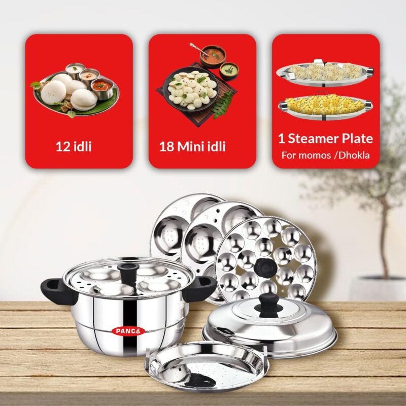 PANCA Idli Maker Stainless Steel Idli Cooker, Idli Steamer, Idly Pot, Dhokla Maker and Mini Idli Plate (Silver, 12 Idli 5 Plate Idli Kadai) - Image 6