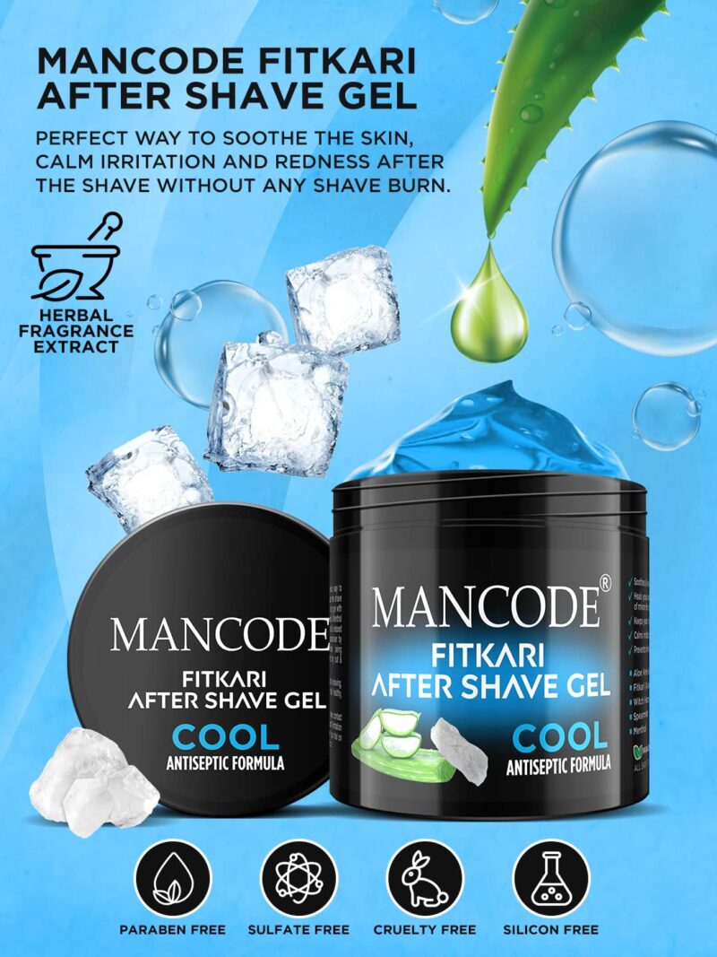 Mancode Fitkari After Shave Gel Cool for Men | Post Shave Gel | Treats Aftershave Cuts; Wounds; Razor Burn | Skin Irritation | Refreshing Aqua Fragrance | Alcohol Free After Shave 100gm (Pack of 1) - Image 8