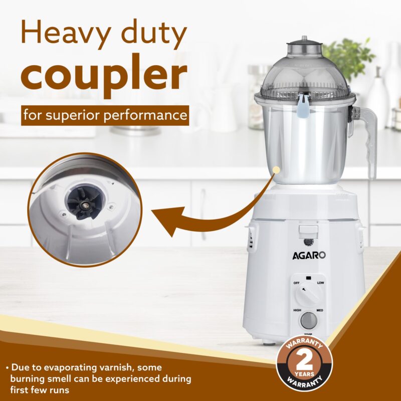 AGARO Royal Mixer Grinder 900W, Heavy Duty, 100% Pure Copper Motor, 3 Stainless Steel Jar, 3 Speed, Whip Function, Stainless Steel Blades,Wet & Dry Grinding, White - Image 2
