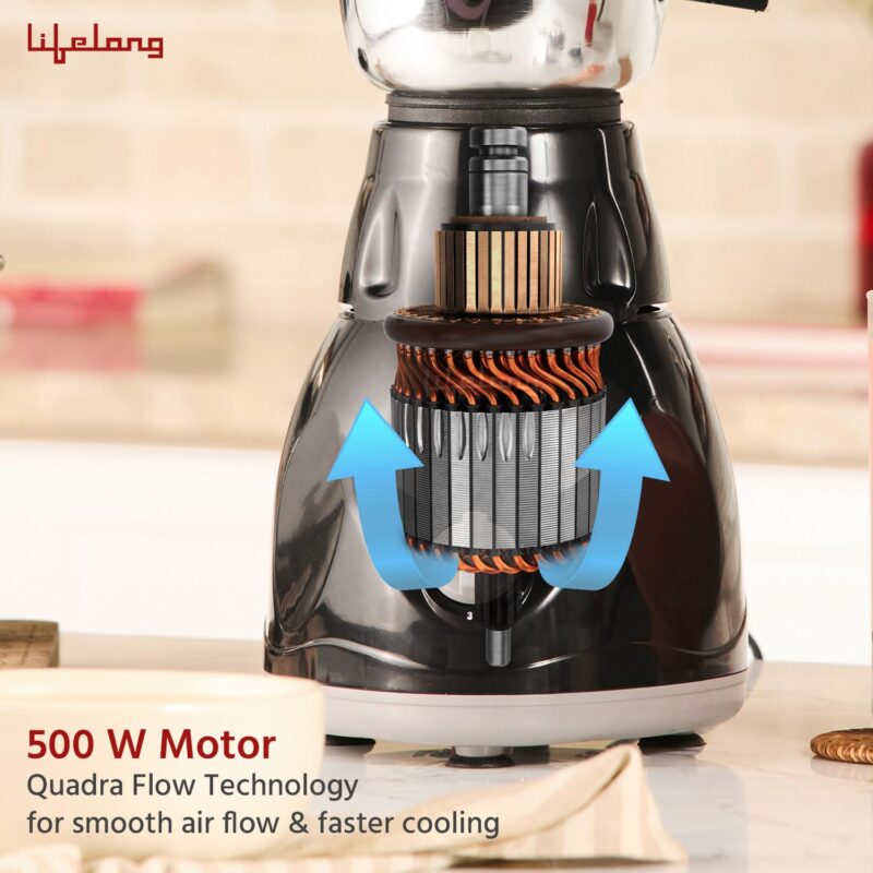 Lifelong Mixer Grinder for Kitchen - 3 Jars 500 Watt Mixie - Chutney Jar, Dry Grinder Jar & Liquidizing Jar used as Wet Grinder & Blender for Milkshake, Smoothie, Puree -Stainless Steel Blades(LLMG23) - Image 5