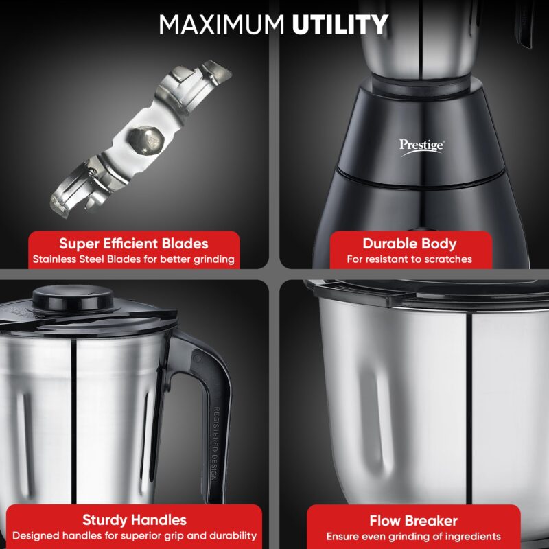 Prestige 500 Watts Apex Mixer Grinder with 3 Stainless Steel Jars|3 Super Efficient Blades|Sturdy Handles|Black| - Image 3