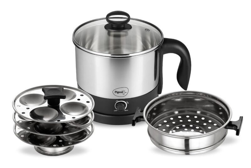 Pigeon by Stovekraft 1.5 Liters Multipurpose Kessel 3 in 1 Value Pack, Multi Cooker, Idli Stand with 3 Plates, Steamer With Stainless Steel Stand (Black & silver)