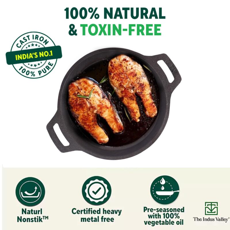The Indus Valley Preseasoned Cast Iron Fish Fry Pan With Double Handle | Large 25Cm/ 9.8Inch, 2Kg | Induction Friendly | Nonstick Fish Fry Pan, 100% Pure & Toxin Free, No Chemical Coating, Black - Image 6
