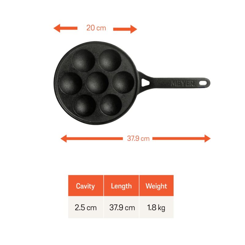 Meyer Pre Seasoned Cast Iron 7 Cavity Appam Patra Paniyarakkal | Paniyaram | Appam Pan | Pan Cake Maker | Appam Maker | Ponganal Maker | Kuzhi | Paddu with Single Handle, 20cm, Black - Image 2