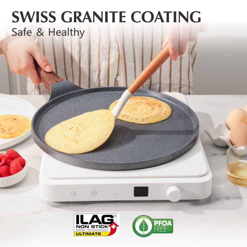 SENSARTE Nonstick Crepe Pan, Swiss Granite Coating Dosa Pan Pancake Flat Skillet Tawa Griddle 10-Inch with Stay-Cool Handle, Induction Compatible, PFOA Free - Image 7