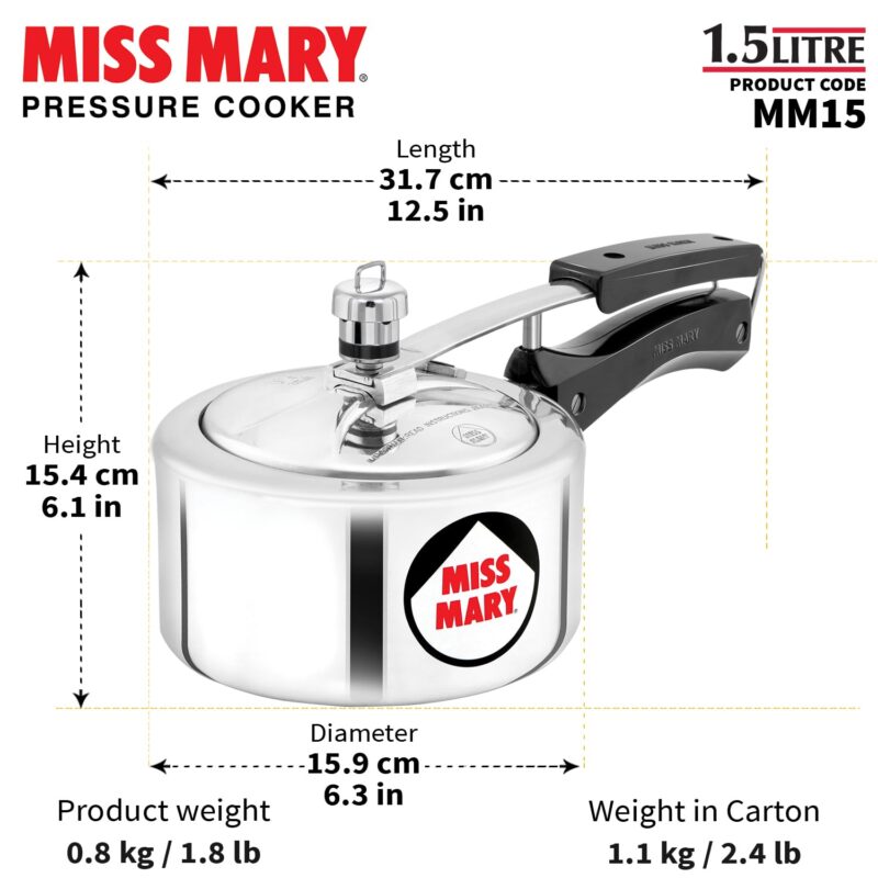 Hawkins 1.5 Litre Miss Mary Aluminium Pressure Cooker, Small Inner Lid Cooker, Silver (Mm15), 1.5 Liter - Image 5