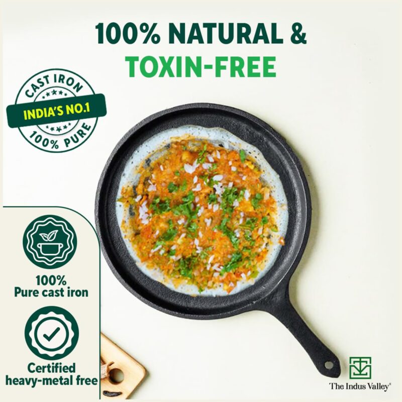 The Indus Valley Pre-Seasoned Cast Iron Tawa with Free Wooden Spatula for Dosa/Chapathi | 25.7cm/10.3 inch, 2kg | Induction Friendly | Naturally Nonstick, 100% Pure & Toxin-Free, No Chemical Coating - Image 7