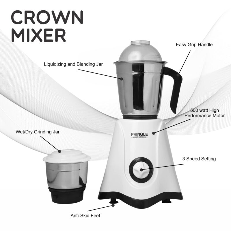 Pringle 2 Jar Mixer Grinder| 500W Powerful Motor | [ISI] Certified | 304 Grade SS Blade| 2 SS Jars Liquidizing Jar (1 Litres) Chutney Jar (0.4 Litres)3 Speed Options with Whip (1 Year Warranty) - Image 5