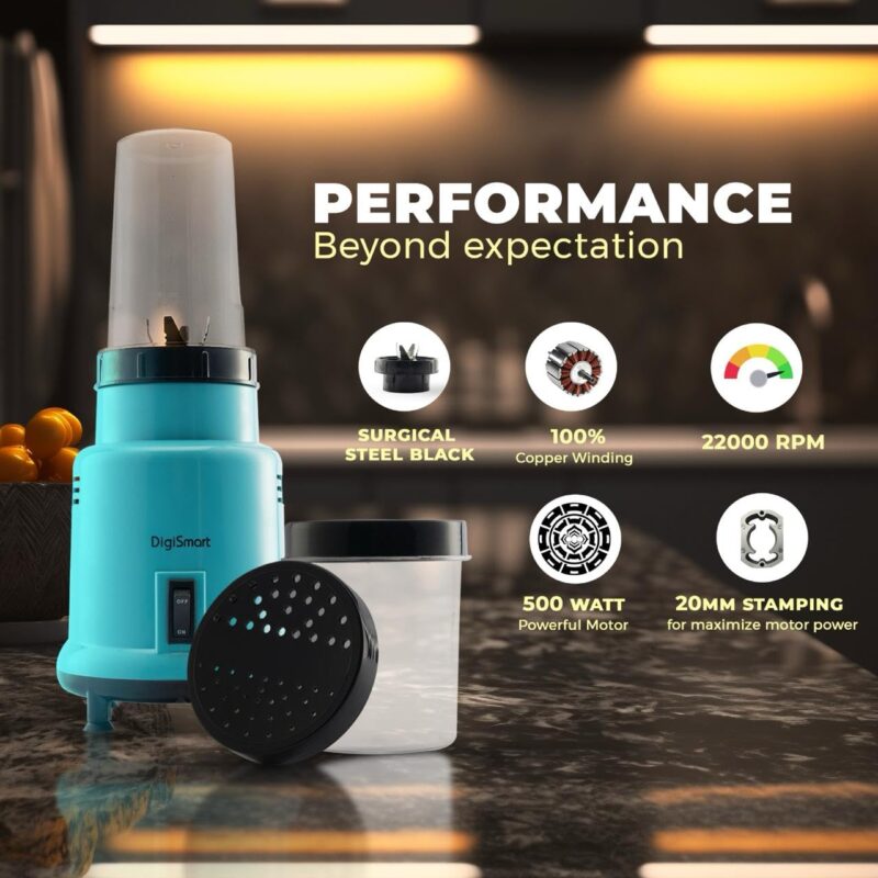 DIGISMART Mix Nutri Mixer Grinder With 2 Jar | 500 Watt | Long Lasting Shock Proof ABS Body | 20 MM Heavy Duty Motor With Nano -Grinding Technology Surgical Steel Blending with 2 Years Warranty - Image 5