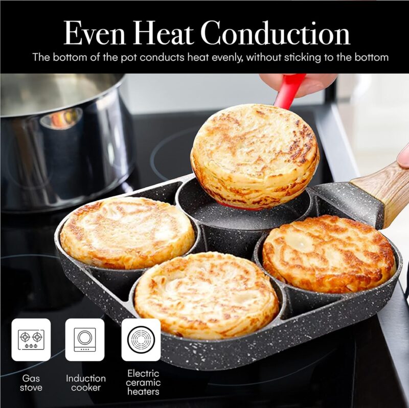 Cannagenix 4 Cups Egg Pan Omelette Pan Frying Pan Egg Frying Pan 4 Cup Crepe Pan Granite Egg Cooker Breakfast Pancakes Pan Suitable for Gas Stove & Induction Cookware (Wood Grain Handle) - Image 6