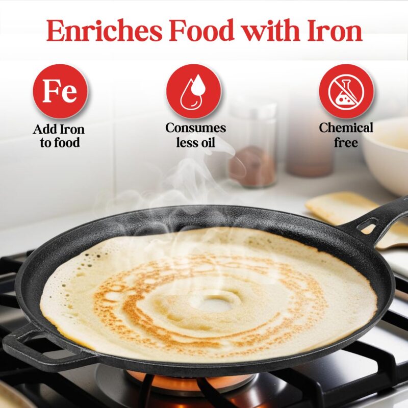 Vinod Legacy Pre Seasoned Cast Iron Flat Roti Tawa with Handle - 28 cm/Chapati, Dosa, Naan, Omlette Kallu Tava / 100% Pure Naturally Non Stick/Toxin & Rust Free/Gas Base - Image 7