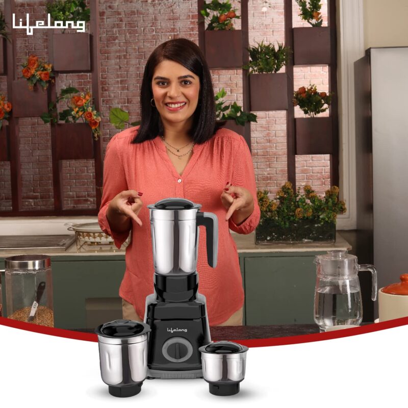 Lifelong LLMG76 750 Watt Mixer Grinder|3 Jars (Liquidizing, Wet Grinding and Chutney Jar)| Stainless Steel blades| 3-Speed & Pulse Function| Anti-Skid Feet| 1 Year Warranty (Black) - Image 7