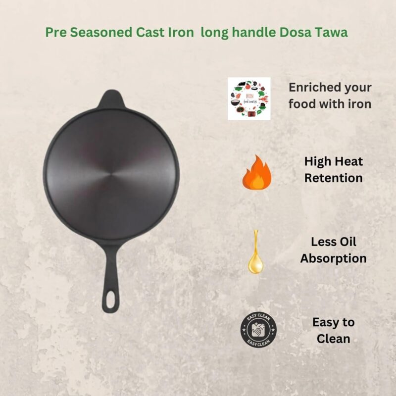 MUD N POT Pre Seasoned Cast Iron Dosa Tawa/Roti Tawa | Long Handle Pan | 10.5 inches Diameter | Naturally Seasoned with Vegetable Oil | Non Toxic| Vintage - Image 7