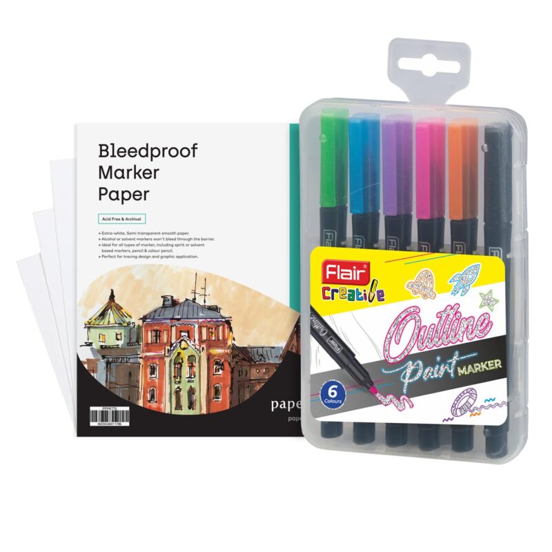 Flair Creative Outline Metallic Paint 6 Multicolour Pens With 6x6 Marker Paper Combo Pack Bianco,White