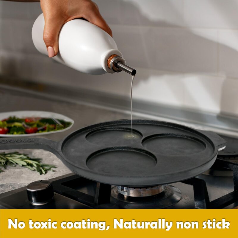 KNOBON Cast Iron Uttapam Tawa | 3 Pit, 26Cm Pancake Pan,Induction Friendly, Naturally Nonstick, 100% Pure & Toxin-Free Uttappam Tawa with Iron Handle| Black - Image 2