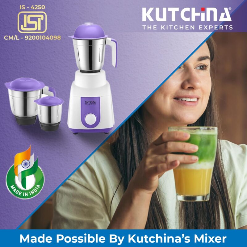 Kutchina Milano 750 Hygrade Motor Mixer Grinder 750 Watt with 3 Jars (Liquidizing, Wet Grinding, Chutney Jar) | Stainless Steel Blades | Mixer Grinder 750+ Watt | 2 Years on Product, 5 Years on Motor - Image 4