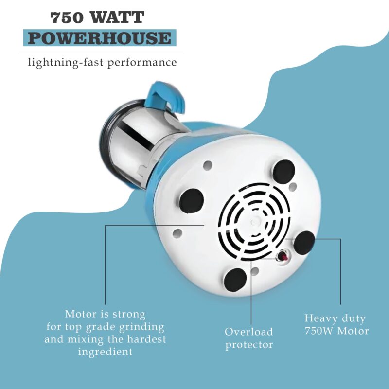 Moonstruck By Suprimo Blitz Quick Powerful 750W Motor Mixer Grinder, 3 Stainless Steel Jars, Overload Protection, Mixie For Kitchen With Heavy Duty Motor (Blue & White) (3 Jar) 2 Years Warranty - Image 4