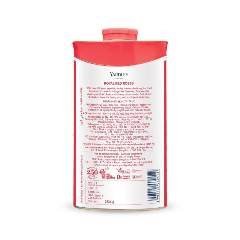4x Yardley London Royal Red Roses Perfumed Talc| Fragrant Beauty Talc for Women| Smooth Texture| 250g - Pack of 4 - Image 5