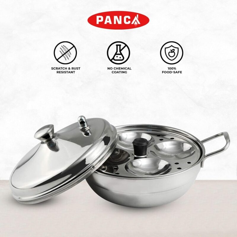 PANCA Stainless Steel Multi Purpose Kadai with Steel Lid, Idli Maker 2 Idli Plate 8 Cavity Idli Cooker Stainless Steel Idly Pot with Steamer - Image 5