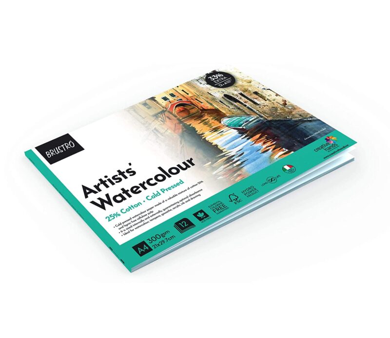 BRUSTRO Artist Watercolour Pad Cold Pressed 300 GSM 25% Cotton A4 - (12 + 4 Free Sheets)
