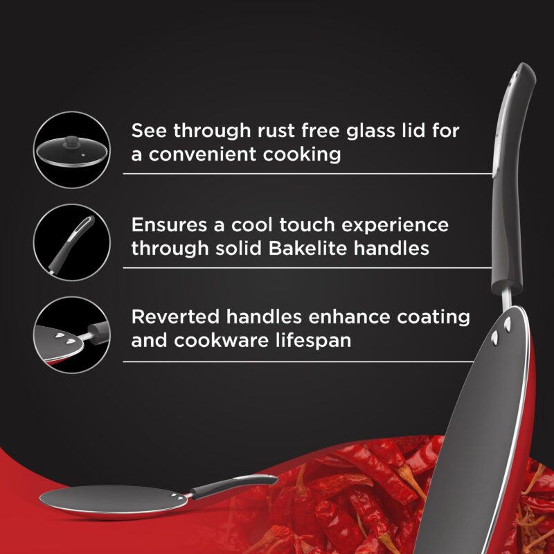 Preethi Dura Collectiona Non Stick Concave Tawa, 28 cm, Gas & Induction Compatible, 5 Star Non Stick Effect, Chilly Red - Image 4