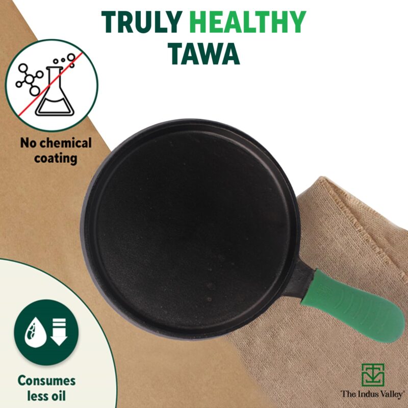 The Indus Valley Pre-Seasoned Cast Iron Tawa for Dosa/Chapathi with Silicone Grip | 25.5cm/10 inch, 2.1kg | Induction Friendly | Naturally Nonstick, 100% Pure & Toxin-Free, No Chemical Coating - Image 8