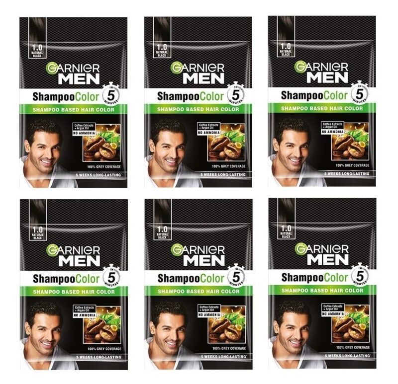 Garnier Men Shampoo Hair Color Shade 1.0 Natural Black (PACK OF 6)