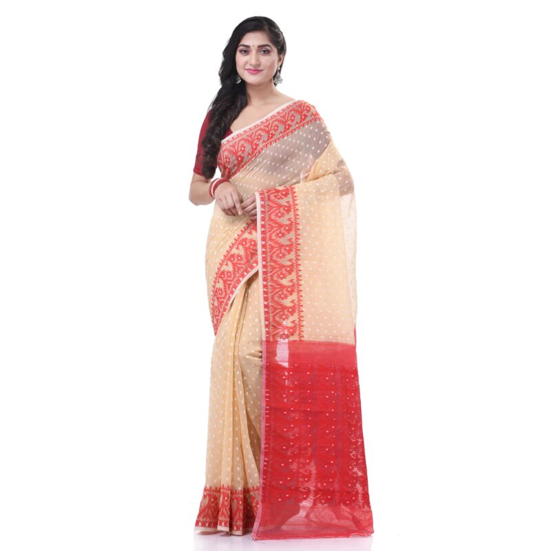 dB DESH BIDESH Women`s Resham Dhakai Jamdani Cotton Handloom Saree Hajar Buti Design Jamdani Saree (Cream Red)