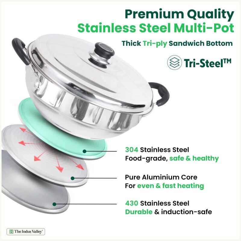 The Indus Valley Stainless Steel Idli Maker/Momo Maker/Multi Kadai/Steamer Set | Large, 5 Plates, 2 Idli | 2 Dhokla | 1 Steamer | 29cm/11.3 inch, 4.2Ltr, 2.5kg | 3-Layer Thick Bottom | Induction friendly - Image 8