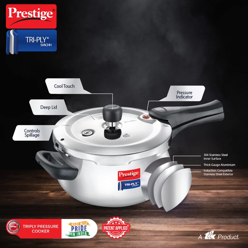 Prestige Stainless Steel Svachh Tri-Ply Handi Pressure Cooker 5 Litre, 5 Liter,Silver - Image 8