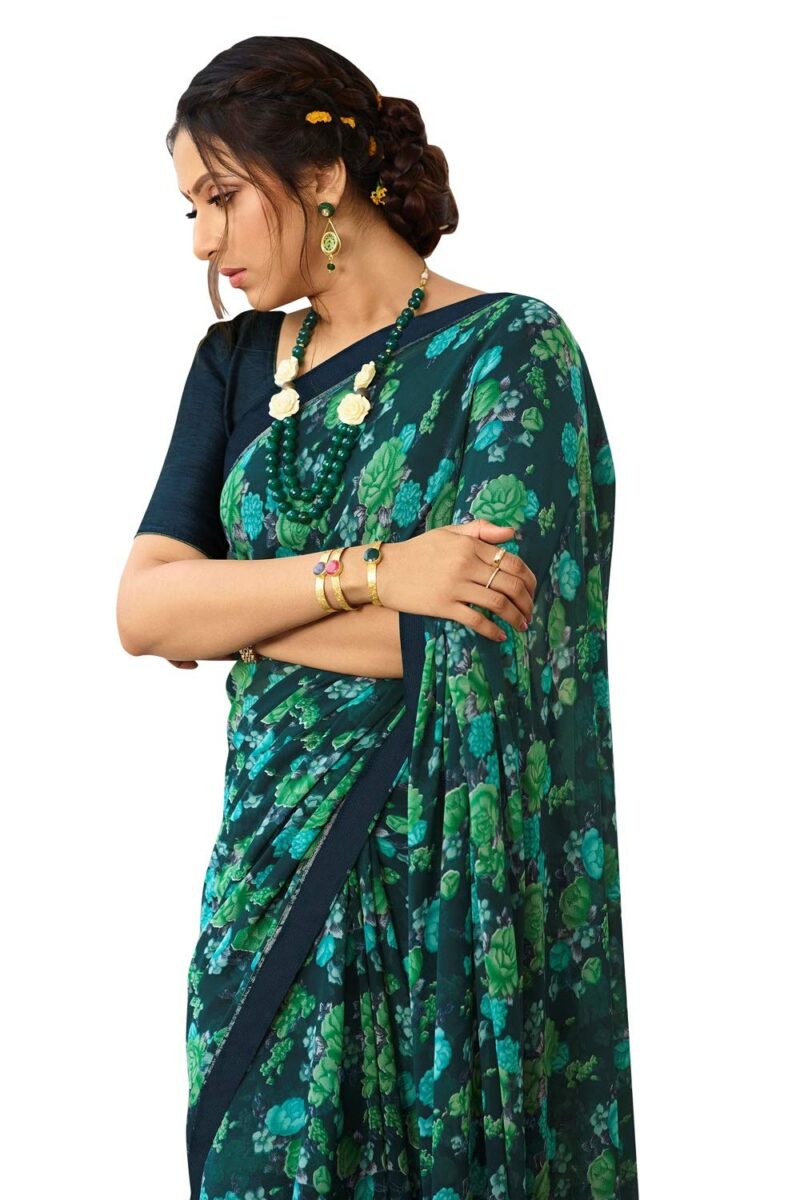 RAJESHWAR FASHION WITH RF Women's Georgette Floral Printed Saree For Women Jacquard Lace Border SareeWith Blouse(A38 BLUE FLOWER NEW 2_Free Size 6.30 Mtr) - Image 5