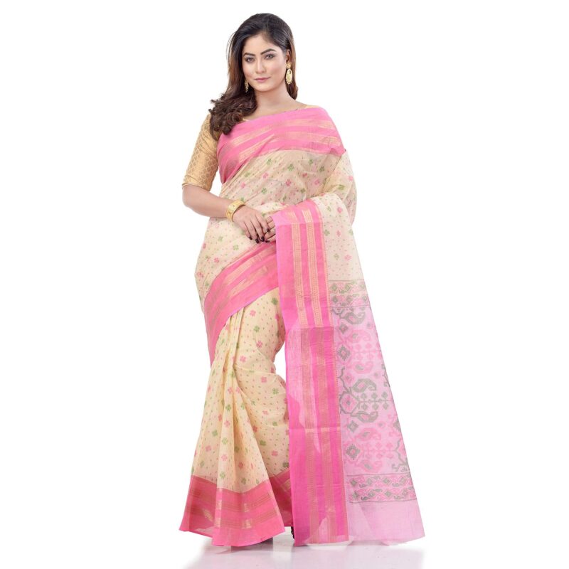 dB DESH BIDESH Women`s Bengal Tant Jamdani Printed Handloom Cotton Saree Without Blouse Piece(Pink)