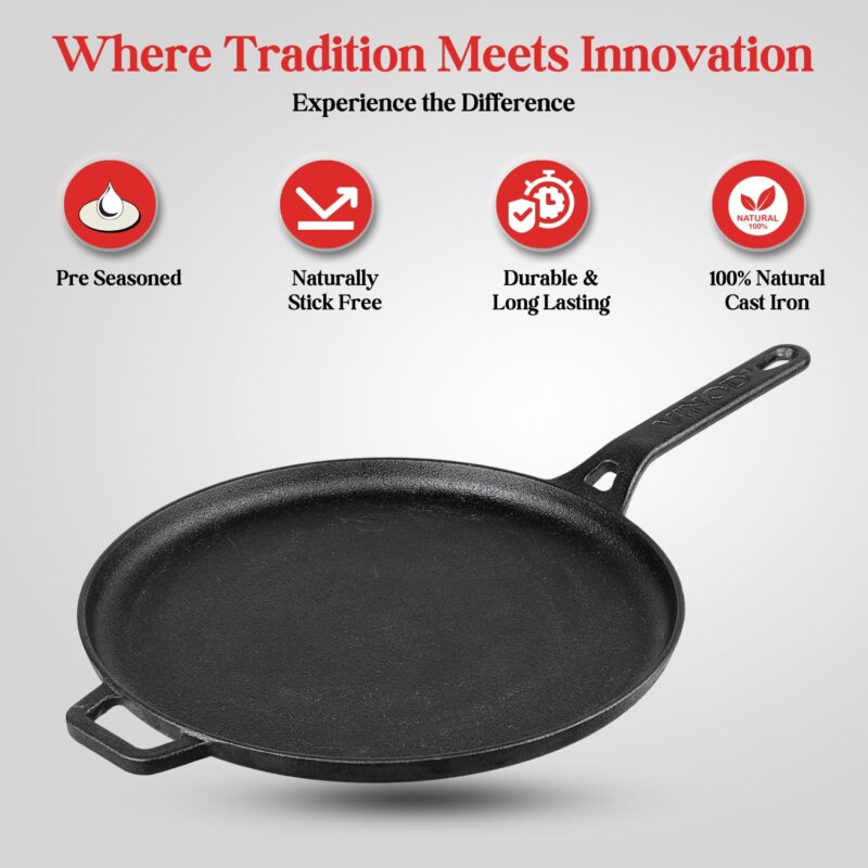 Vinod Legacy Pre Seasoned Cast Iron Flat Roti Tawa with Handle - 28 cm/Chapati, Dosa, Naan, Omlette Kallu Tava / 100% Pure Naturally Non Stick/Toxin & Rust Free/Gas Base - Image 6