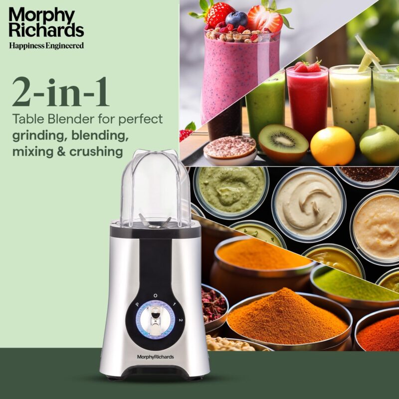 Morphy Richards Acrylonitrile Butadiene Styrene 2 In 1 Blendmaster | 400 Watts Powerful Motor | Grind, Mix, Blend & Crush 2-In-1 Machine | 2 Jars | 2 Speed Control With Pulse Mode | Silver & Black - Image 6