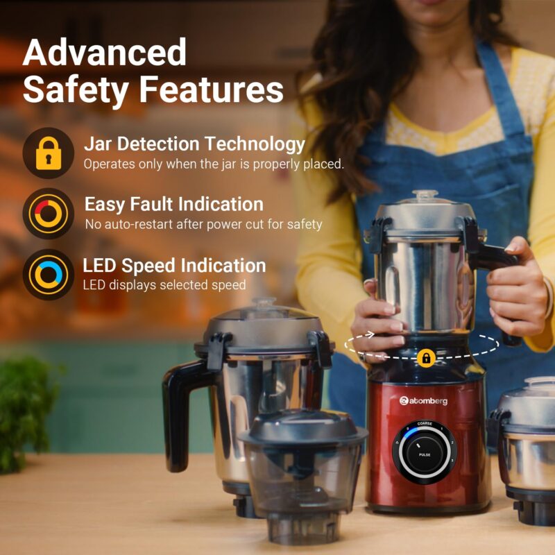 Atomberg Zenova Mixer Grinder with Unique Coarse Mode | Advanced Safety Features | 4 Jars including Chopper Jar with Hands Free Operation (Red Wine) - Image 6