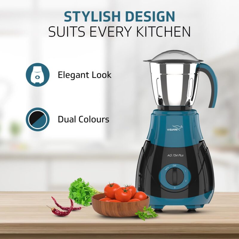 V-Guard AG 754 750 Watt Juicer Mixer Grinder, 3 Year Motor Warranty By V-Guard,4 Jars(Chutney, Dry, Wet & Juicer), Sturdy Juicer Jar with QuadraFlow Design, PrecisionBlend SS Blades, Blue-Black - Image 5