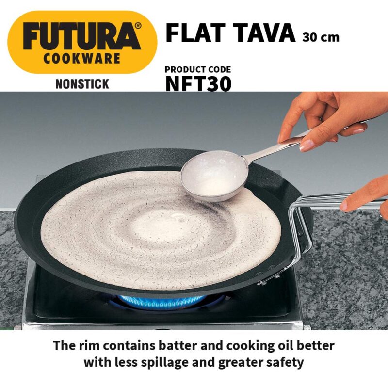 Hawkins Futura 30 cm Flat Tava, Non Stick Tawa with Stainless Steel Handle, Tawa with Rim, Pancake Pan, Flat Pan, Black (NFT30) - Image 5