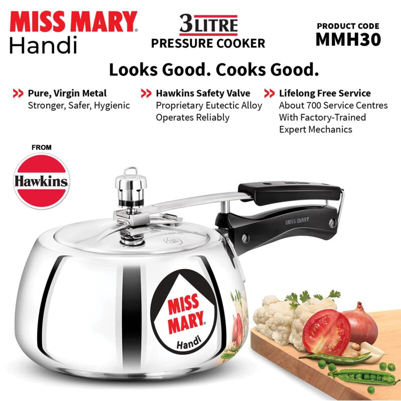 Hawkins 3 Litre Miss Mary Handi Pressure Cooker, Inner Lid Cooker, Silver (MMH30) Aluminium - Image 8