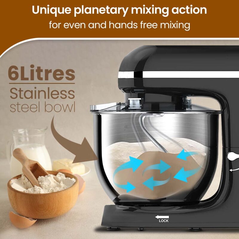 AGARO Imperial Stand Mixer,1400W with 6L SS Bowl, 1.5L Blending Jar,10 Speed With Pulse Function, 100% Copper Motor, Includes Blending Jar, Whisker, Beater, Dough Hook, Egg White Separator, Black - Image 6