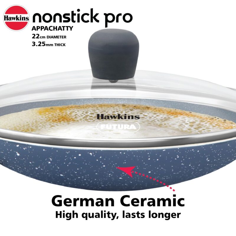 Hawkins Nonstick Pro 0.9 Litre Appachatty, Mini Kadhai, Appachatti, Appachetty, Appam Pot Maker, Deep Fry Pan with Glass Lid, Granite Kadai - Image 7