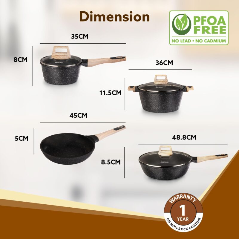AGARO Imperial Granite Non Stick Cookware Set, 4pcs Cookware Set, 24cm Fry Pan & Casserole with Lid, 16cm Sauce pan with Lid, 28cm Deep Fry Pan with Lid, Cast Aluminium, Gas & Induction Compatible. - Image 2